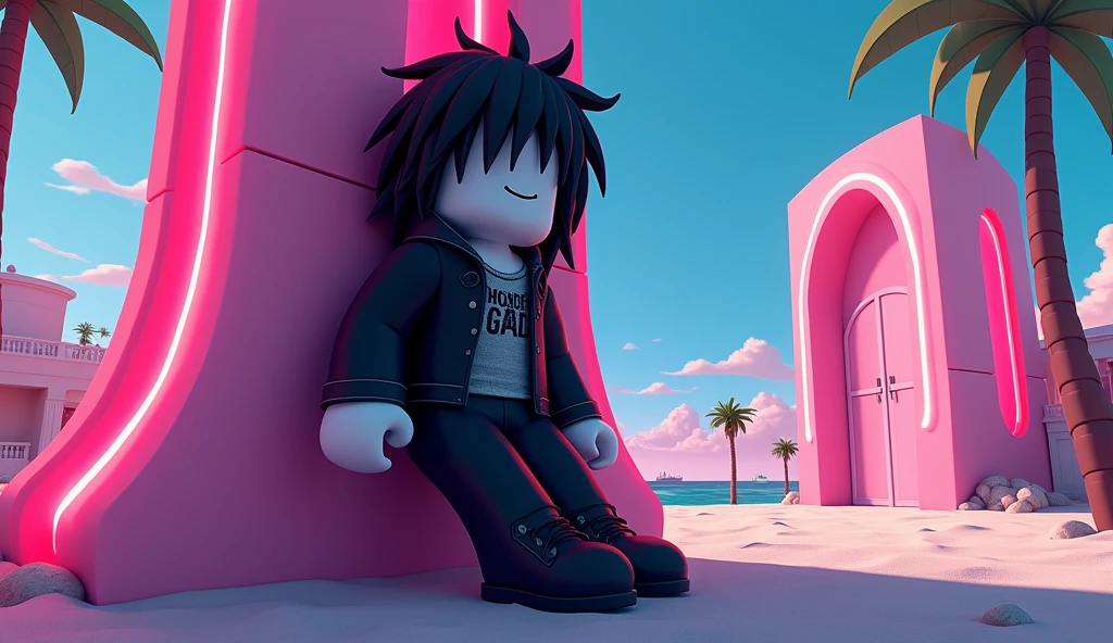 tall square roblox doll, with long black spiky hair, emo clothes and no lips, white skin, no mouth leaning on a tumorrowland, cartoon, Vice City GTA, beach background