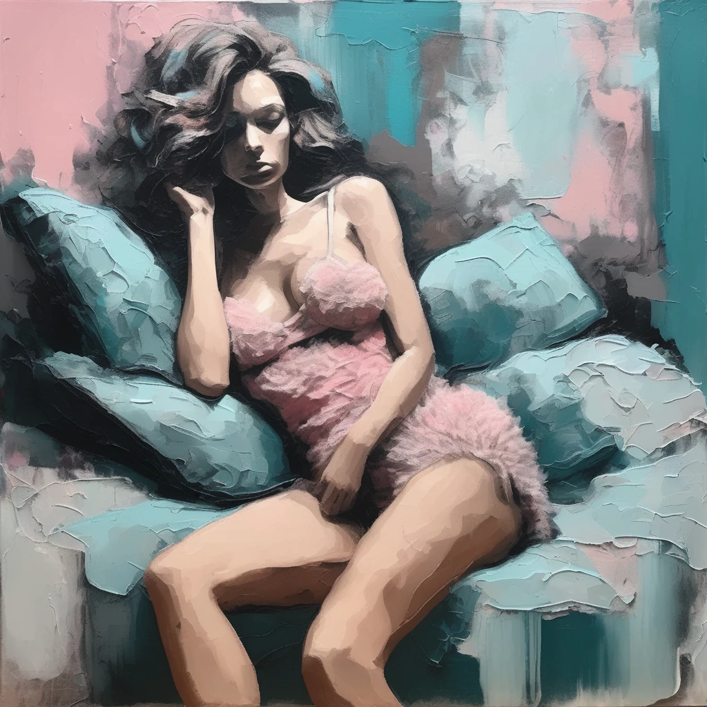 abstract pallet knife painting of an abstract woman in lingerie with sculpted hair, reclined on a bed of abstract luxurious fluffy pillows, desaturated teals, light pinks, desaturated blues, and greys color scheme
