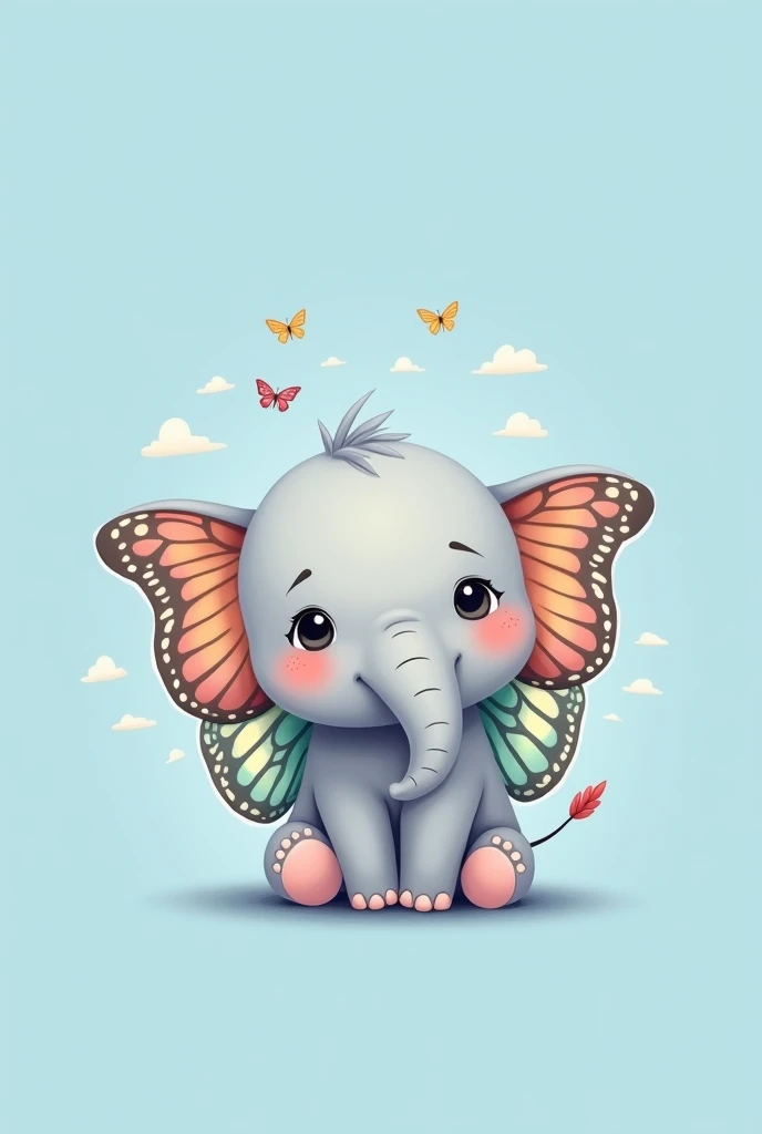 Create a simple 2D drawing of chibi grey elephant with cute butterly wings on its back with a blank blue backround