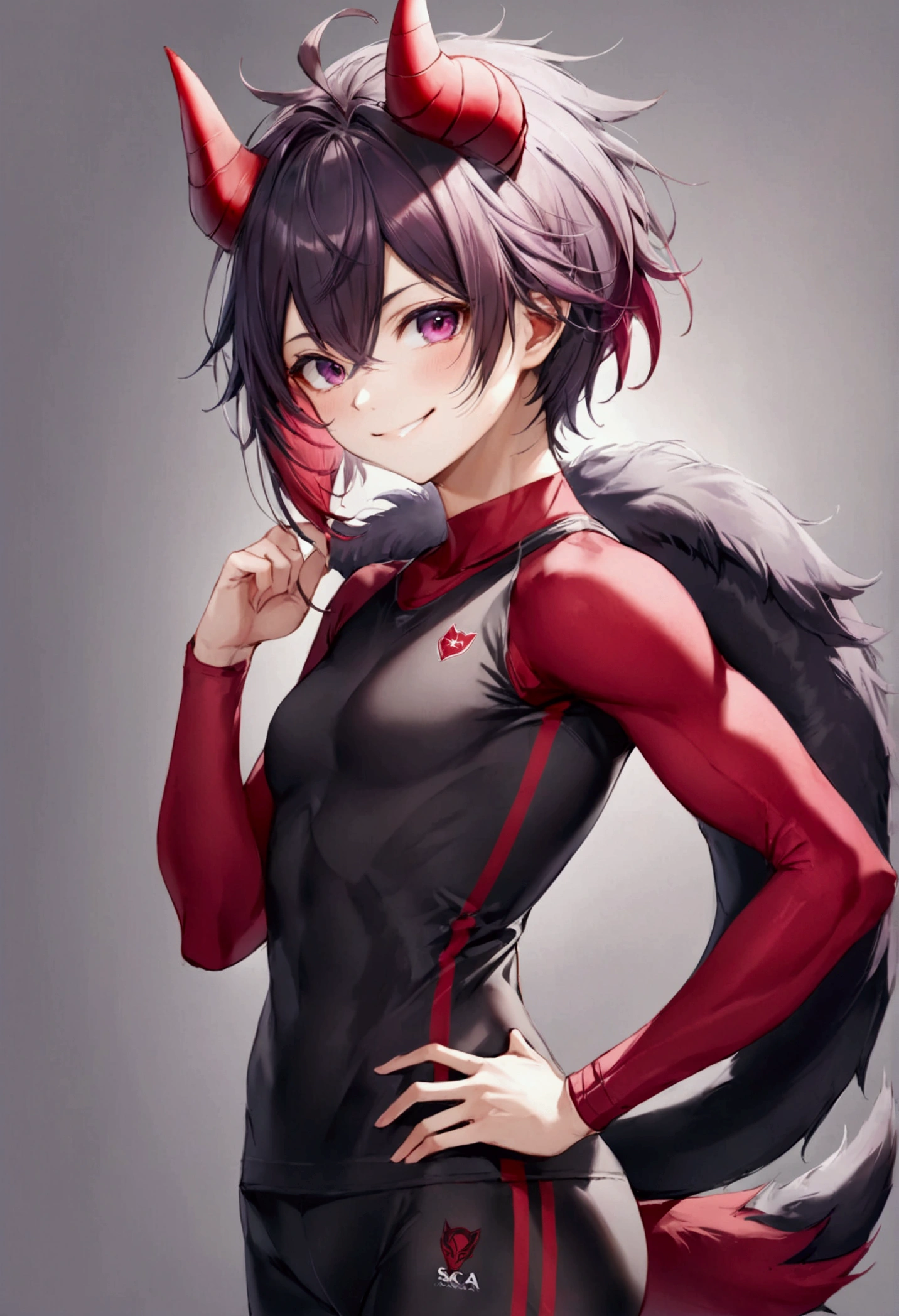 Wolf fur(Red color y negro), red devil&#39;s tail, teenager(athletic), tight clothes(black color), musculino(teenager), ram horns(Red color),Alone (Posing), Violet Wolf Eyes, smile(saca la lengua mientras smile).