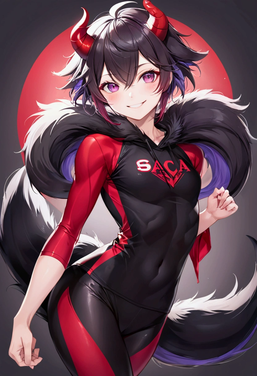 Wolf fur(Red color y negro), red devil's tail, teenager(athletic), tight clothes(black color), musculino(teenager), ram horns(Red color),Alone (Posing), Violet Wolf Eyes, smile(saca la lengua mientras smile).