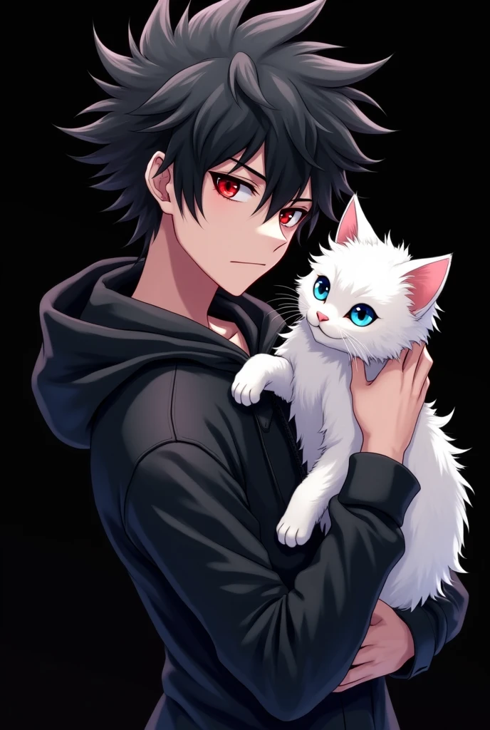 Anime boy ((( Spiky hair , black hair , black hoodie , red eyes , narrowed eye ))) carrying cat ((( blue eyes , fluffy cat , white cat ))) , blank black background , side view
