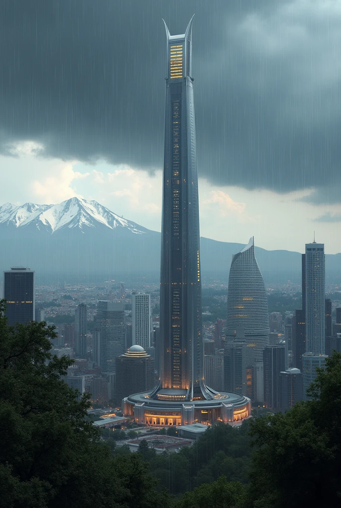 seattle city with, extra modern skyscraper and in the middle of one big skyscraper beautiful scenery sky is full of black clouds raining and the background mountain view of the city