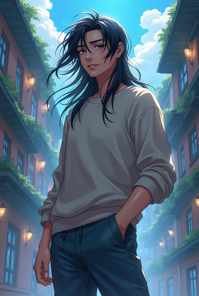 A 1 male anime character with long black hair and magical powers who is a student at a modern-day wizarding school With baggy pants and a sweatshirt