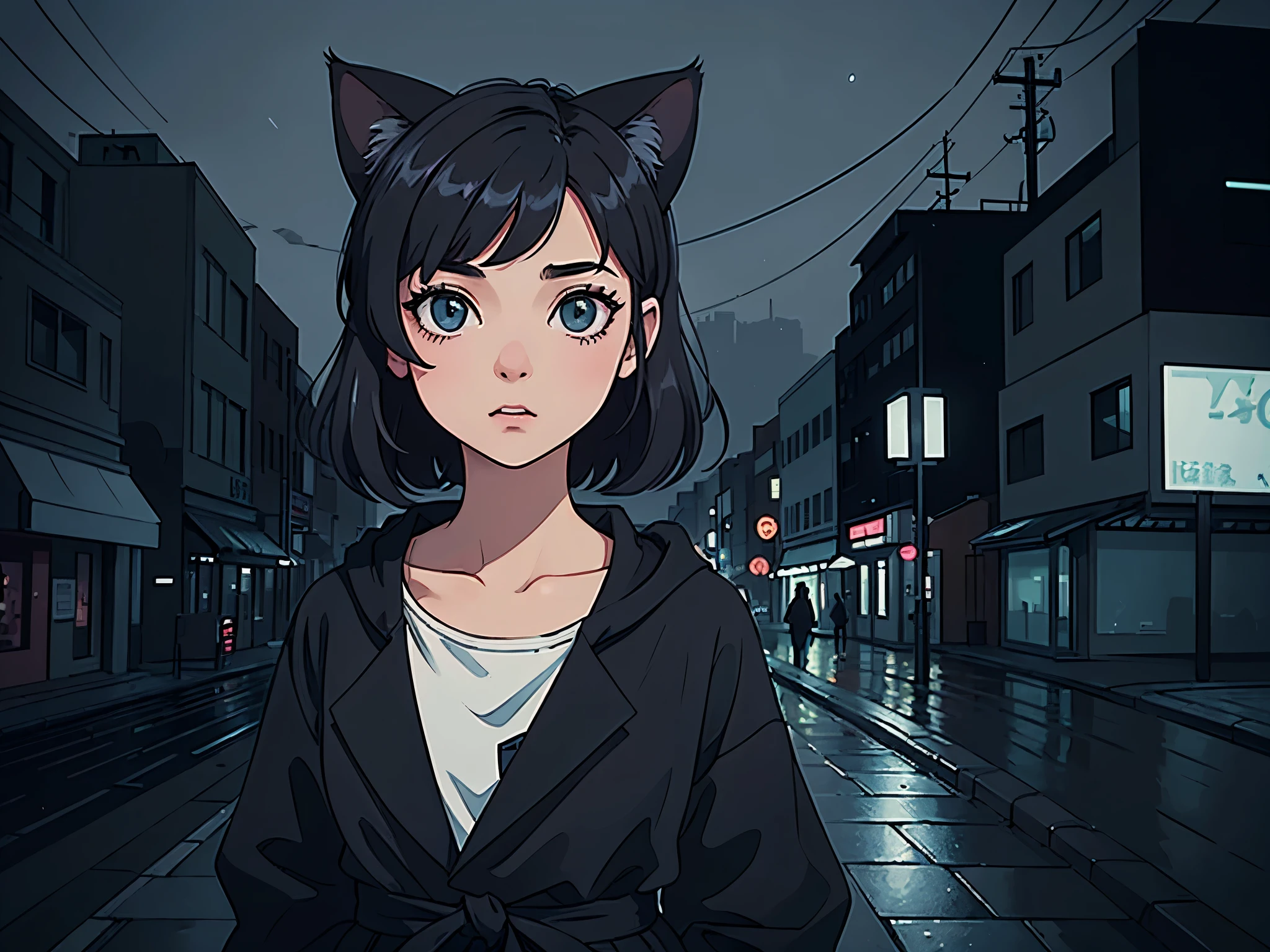 A girl with short black hair and cat ears, wearing dark clothes, in a rainy and calm city, with a relaxing atmosphere. She is a little further away, with a view of her from the waist up, listening to music, and dark colors dominate the scene. The background shows a detailed and vibrant city, reflecting an 80s and 90s anime aesthetic, mixed with a touch of Fujifilm aesthetics. The girl has beautiful eyes, and the entire composition is in 4K, capturing the lofi aesthetic with a soft and tranquil atmosphere.