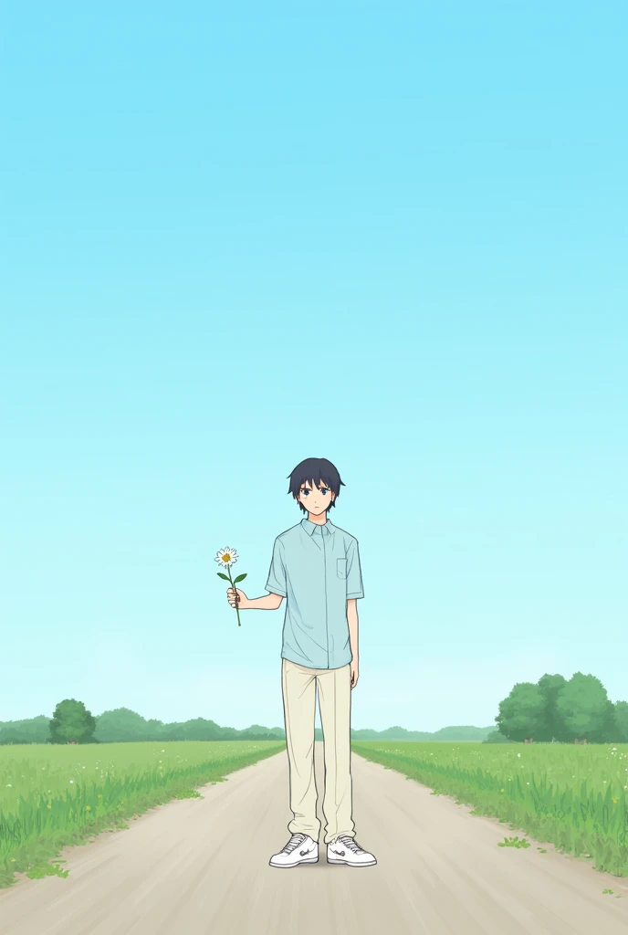 A person will stand on a road that person has light blue color shirt and cream colour pant and white sneakers with a clear sky in that person hand a flower is present