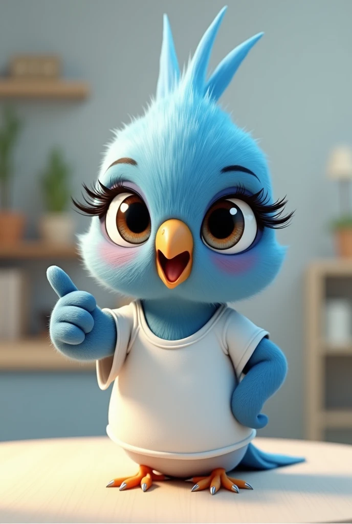 Vstorized Blue cockatiel, female, with eyelashes in her eyes, dark blue, light blue and white feathers, cub, happy, wearing white shirt, thumb raised, pixar style 8k