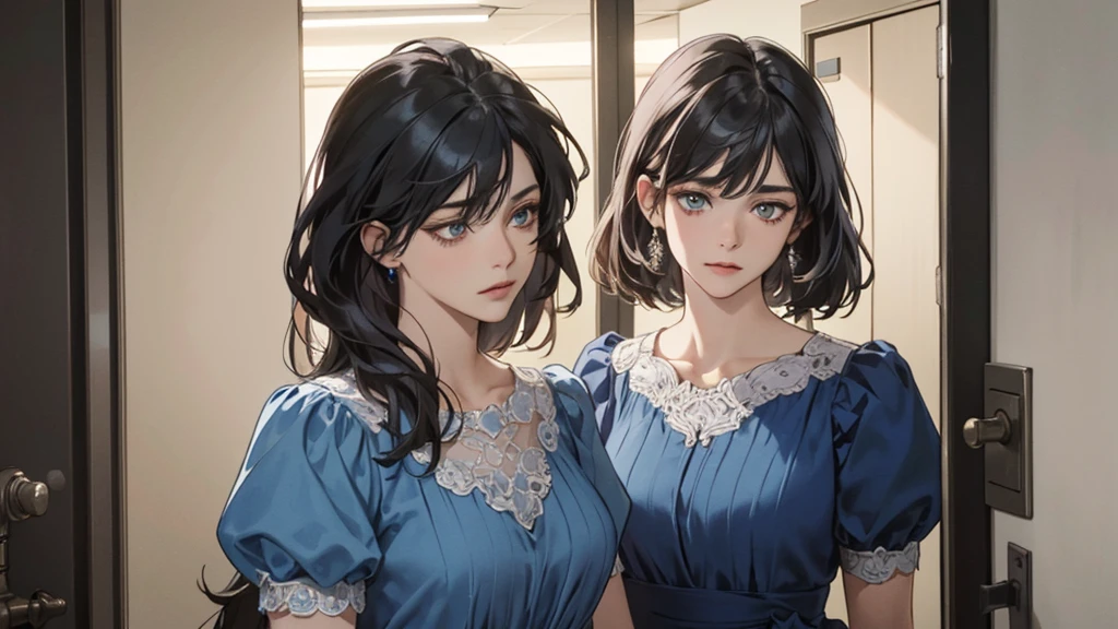 (very handsome: 1.2), 8 thousand, (masterpiece: 1.0), (best_quality: 1.0), 1 girl, and intricate details, enlarged textures, and intricate details, exquisite eyes and exquisite Face, with intricate details, black hair, sad closed mouth, hazel eyes, tired eyes, equal eyes, Carolina eyes (human female) wearing blue dress, background ward front, hospital Corridor, elevator, depth of field