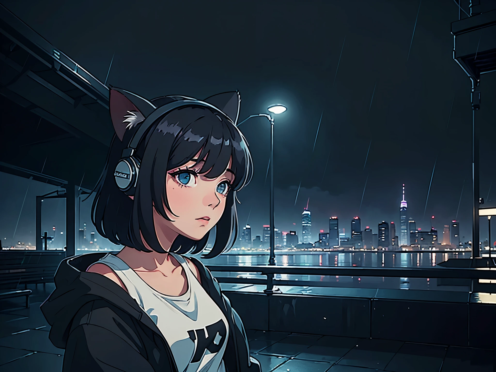 A girl with short black hair and cat ears, wearing dark clothes, in a rainy and calm city, with a relaxing atmosphere. She is a little further away, with a view of her from the waist up, listening to music, and dark colors dominate the scene. The background shows a detailed and vibrant city, reflecting an 80s and 90s anime aesthetic, mixed with a touch of Fujifilm aesthetics. The girl has beautiful eyes, and the entire composition is in 4K, capturing the lofi aesthetic with a soft and tranquil atmosphere.