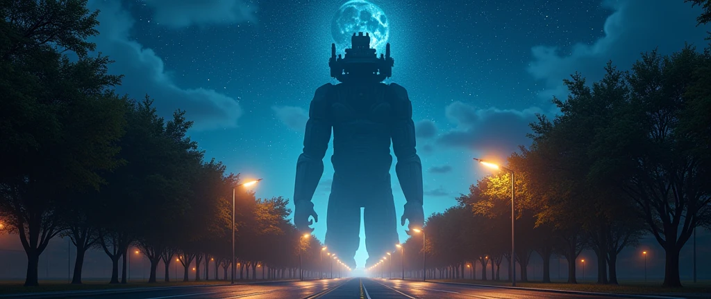 I'm on the street at night looking at the horizon, beyond the horizon there is the bust of a monster bigger than the clouds, it appears from the horizon and looks like just a faint silhouette, I can see his eyes shine like stars on the horizon, 32K, super realistico, life like, Real vision, every detail of the image is impressive, he is beyond the atmosphere, it appears from the chest up, starry sky of a peaceful night, tree-lined street, well lit street, light posts, He is a heavenly being, marvel celestials, lens flare effect, he extends his long arm across the street towards me, it seems to have mechanical aspects, he has objects orbiting his presence, some lights shine in bright, vibrant colors, he is beyond the moon and is bigger than it