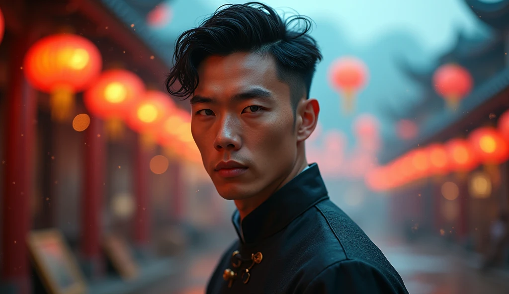 pretty decadent Asian man looking directly at the camera, not in the center, clear facial features, bright colors, light particles, with bright light, Mushhiv, wallpaper art, UHD wallpapers, vivid atmosphere, near a house in ancient village