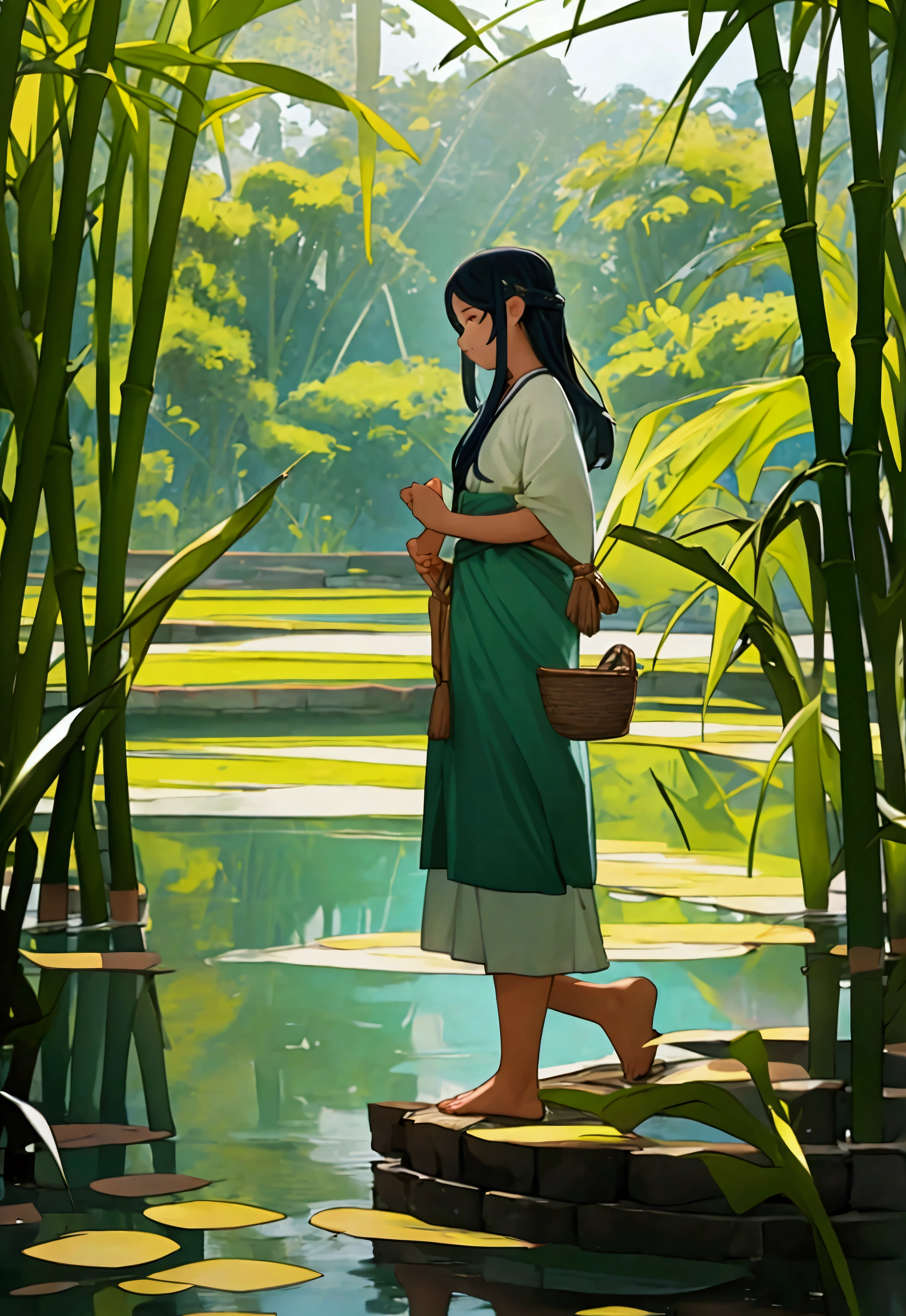 Scene 1: Morning at the Fish Pond Image Description: A large fish pond with calm and clear water surrounded by green trees.. In the distance, Mr. Darma stands on the edge of the pond with a bamboo basket in his hand., ready to start the day. Beside him, sari, his eldest daughter, carefully counting the fish catch with a serious but enthusiastic expression. Narration: In a small village surrounded by rice fields and green trees, there lived a fish farmer named Mr. Darma. Every morning, before sunrise, Pak Darma sudah berada di kolam ikan bersama his eldest daughter, sari. sari, intelligent and meticulous, always ensure that the fish harvest is calculated correctly, so that it can be sold at the best price on the market