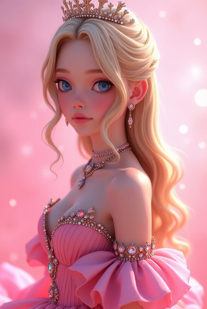 1 girl,sao, blue eye,blush,perfect lighting,trunk,3DMM,hair blonde,long hair,jewerly,pink gradient background,pink dress,aretes,pink dress,realisitic,necklase,looking ahead at viewer,tiara,pink lips,drlight smile,engine unreal,side lighting,face detailed,bangss,shining skin