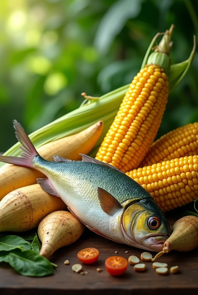 cassava, fish and corn