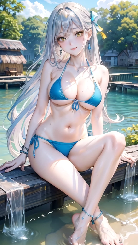 (((masterpiece, ultra HD, 8K quality))), (((clear and bright image))), anime, 1 woman, (((beautiful woman))), (((shining Silver Straight Long Hair, bangs bangs))), (((shining attractive eyes))), ((((beautiful Yellow eyes))))), (((eye highlights))), ((very long eyelashes, pale pink lips)), (((very large breasts))), cleavage, (((beautiful sexy pose))), looking at the viewer, navel, (((cute smile))), water, thighs, bare shoulders, front tie top, arm support, narrow, ((((Blue colored micro bikini))), bare feet, collarbone, neck ribbon, halter neck, water's edge, Earrings, necklaces, bangles, rings, anklets, (((Water Cottage in the background)))