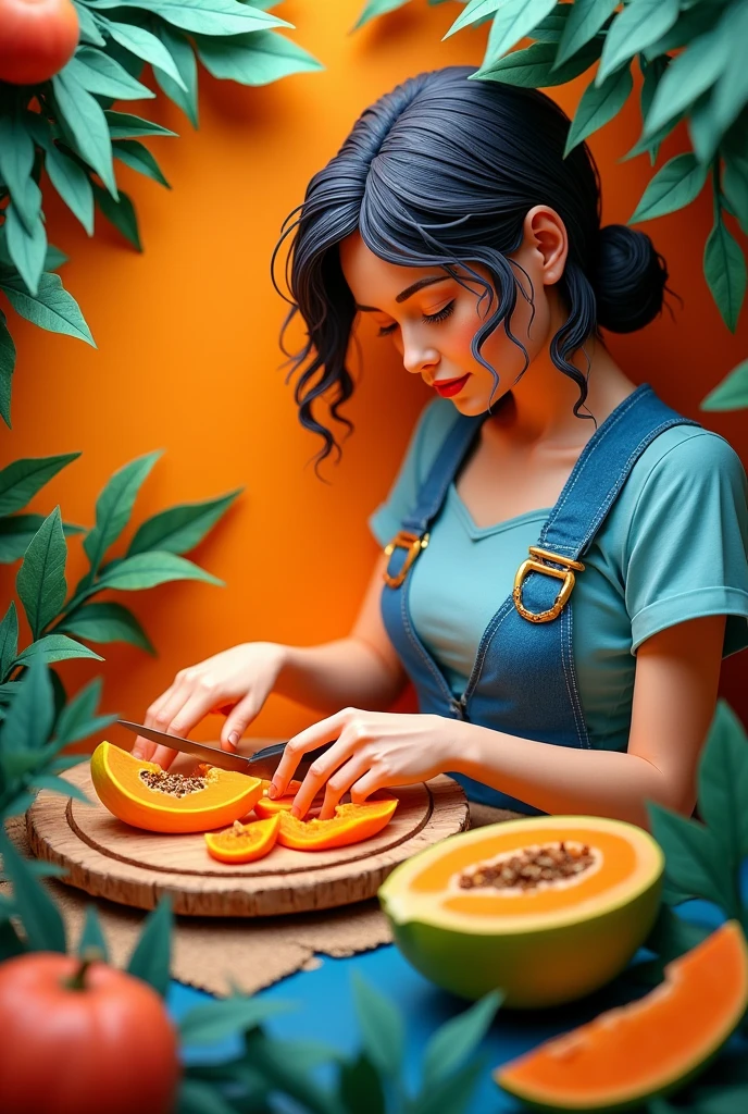 A woman cutting papaya ,  masterpiece, all in three dimensional paper art、(Almond Shapes);1.9、(Three-dimensional paper-cut art.、colorful):1.9
