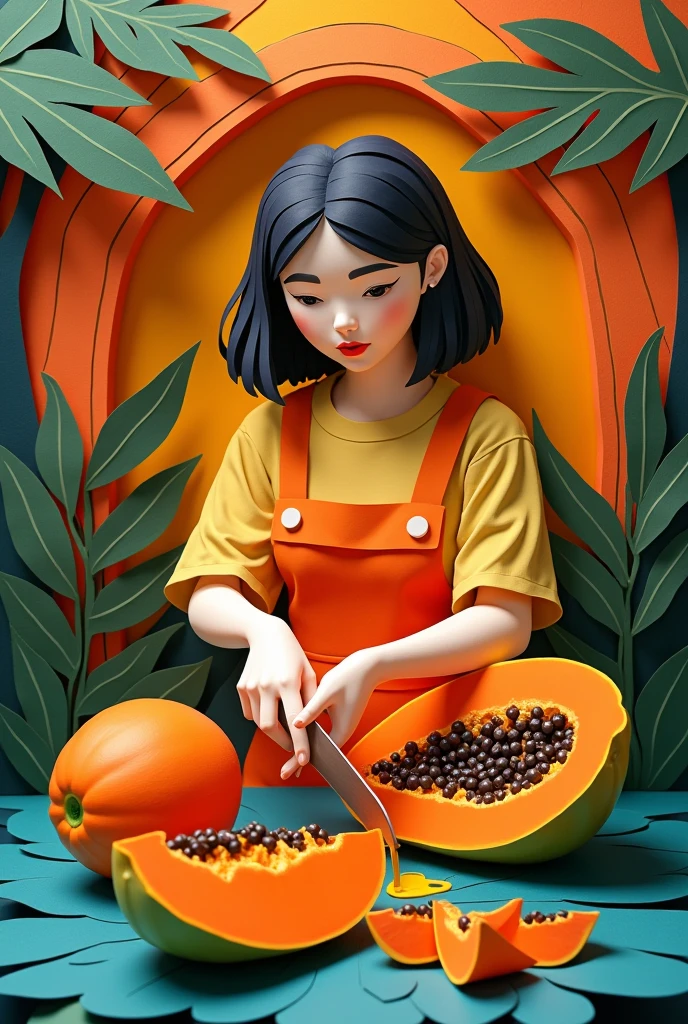 A woman cutting papaya ,  masterpiece, all in three dimensional paper art、(Almond Shapes);1.9、(Three-dimensional paper-cut art.、colorful):1.9
