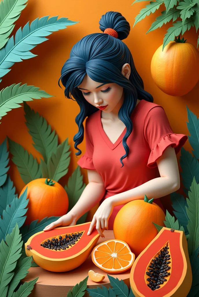 A woman cutting papaya ,  masterpiece, all in three dimensional paper art、(Almond Shapes);1.9、(Three-dimensional paper-cut art.、colorful):1.9
