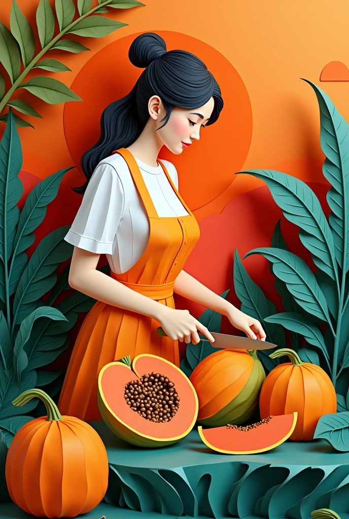 A woman cutting papaya , masterpiece, all in three dimensional paper art、(Almond Shapes);1.9、(Three-dimensional paper-cut art.、colorful):1.9