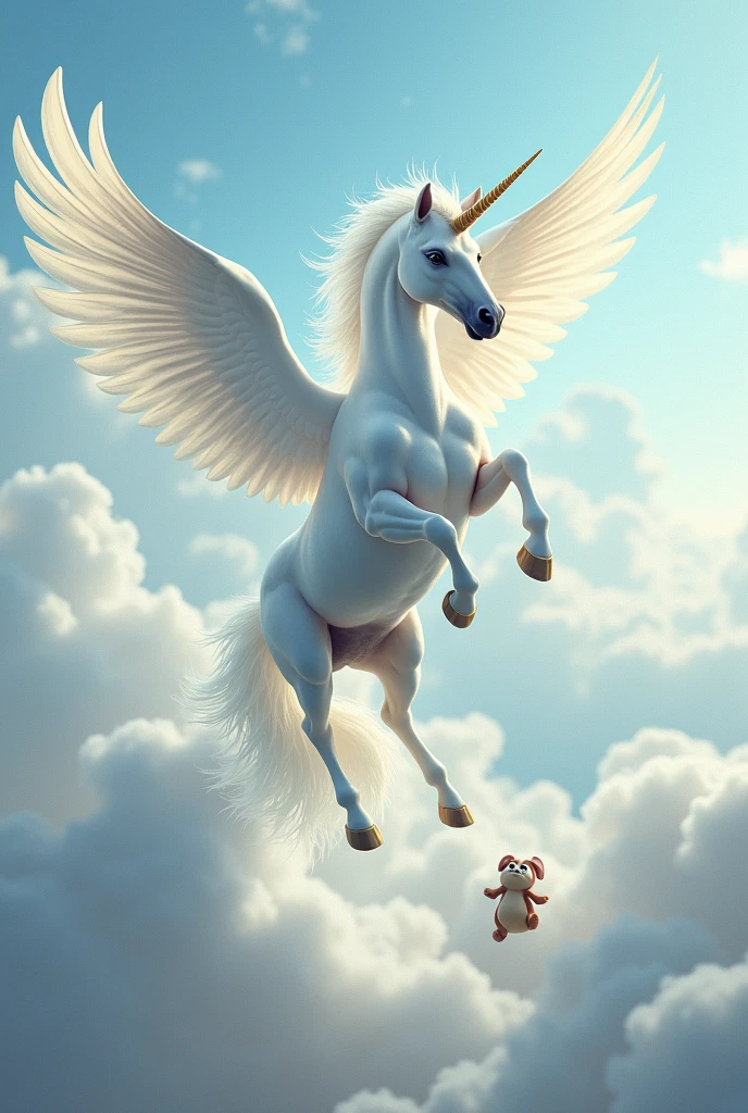 A white Unicorn flying on sky,a looking at him with curiously