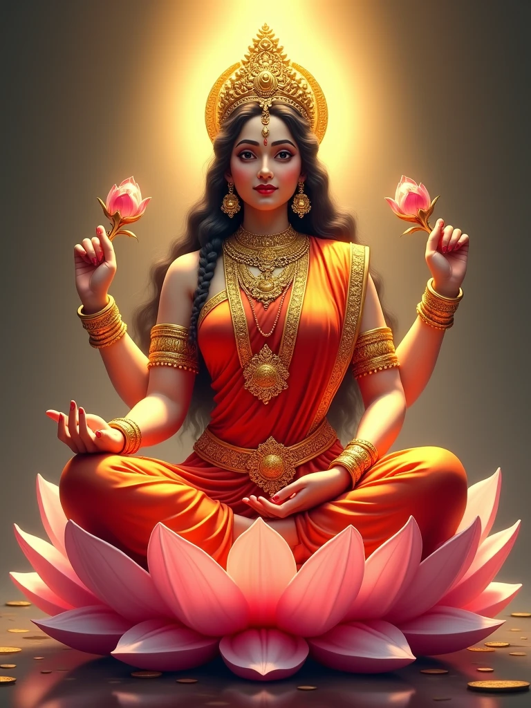 Mata Lakshmi ji ki image unke vastra red color ke ho Unka Rang white Ho unke jevar Golden Ho vah Kamal Ke Phool per Hain Unka Rang sunhara Ho background Mein Kuchh Bhi Na Ho