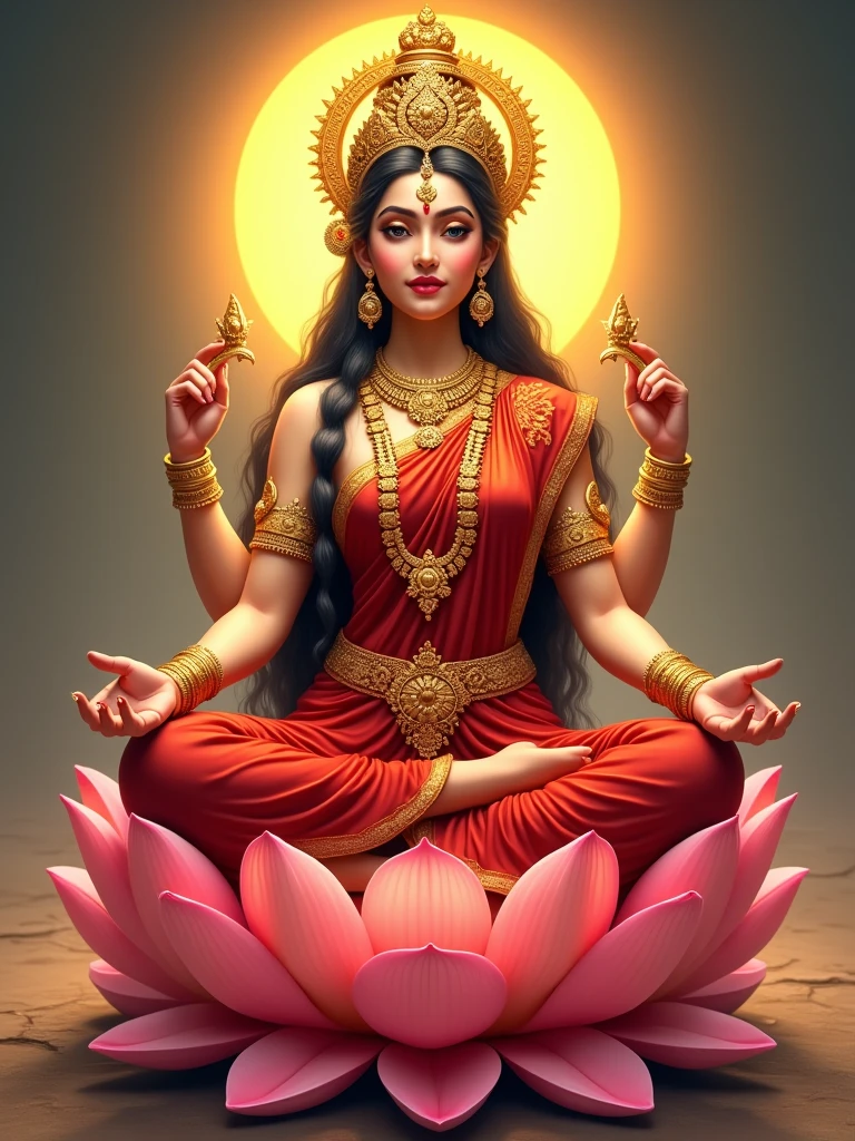 Mata Lakshmi ji ki image unke vastra red color ke ho Unka Rang white Ho unke jevar Golden Ho vah Kamal Ke Phool per Hain Unka Rang sunhara Ho background Mein Kuchh Bhi Na Ho