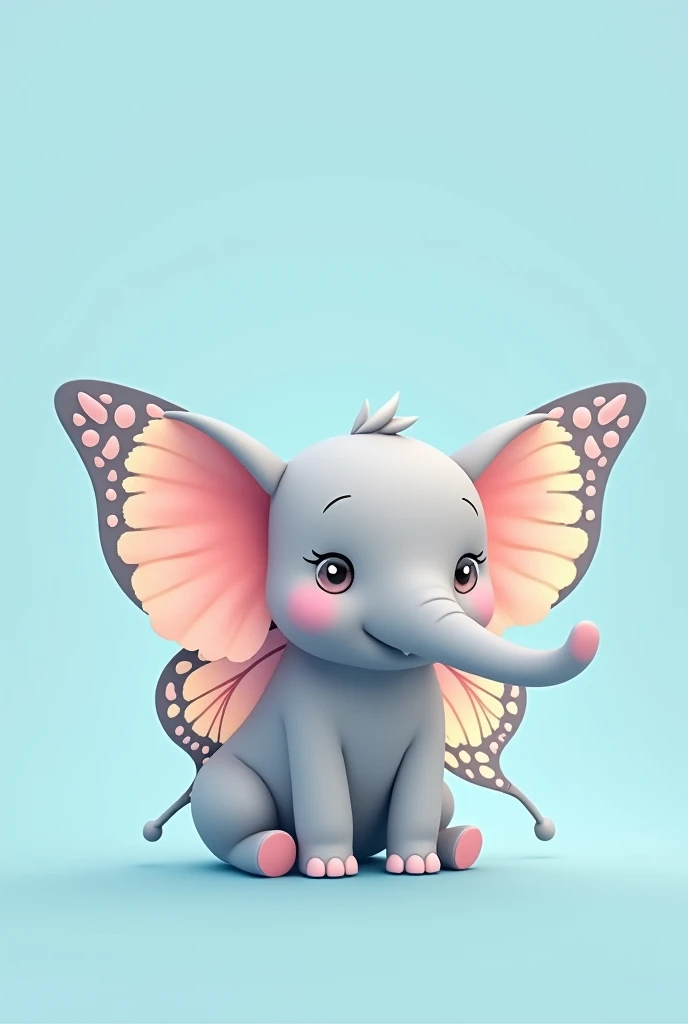Create a simple 2D drawing of chibi grey elephant with cute butterly wings on its back with a blank blue backround