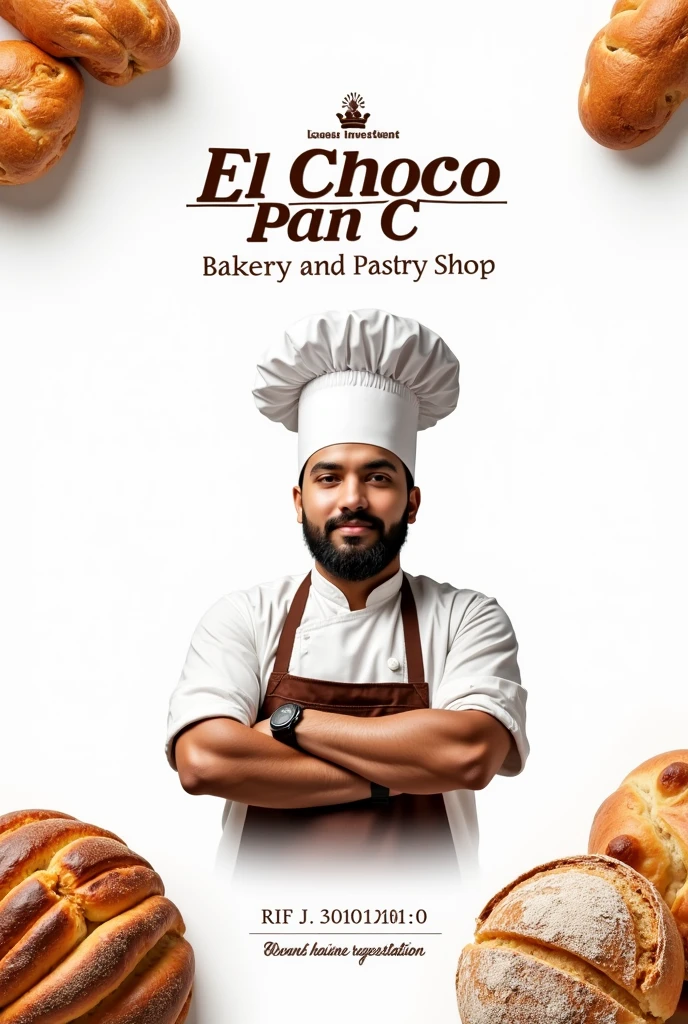 I need to create an advertising image for a bakery. The image must be 1900x880 px., must have the name: El Choco Pan C Investments.A. above, below in smaller print: Bakery and Pastry Shop, and below this a picture of a baker, Below in smaller letters write: RIF J-30102101-0. On the sides there should be images of savory breads and sweet breads. The background should be white and the letters black.. make it look realistic.