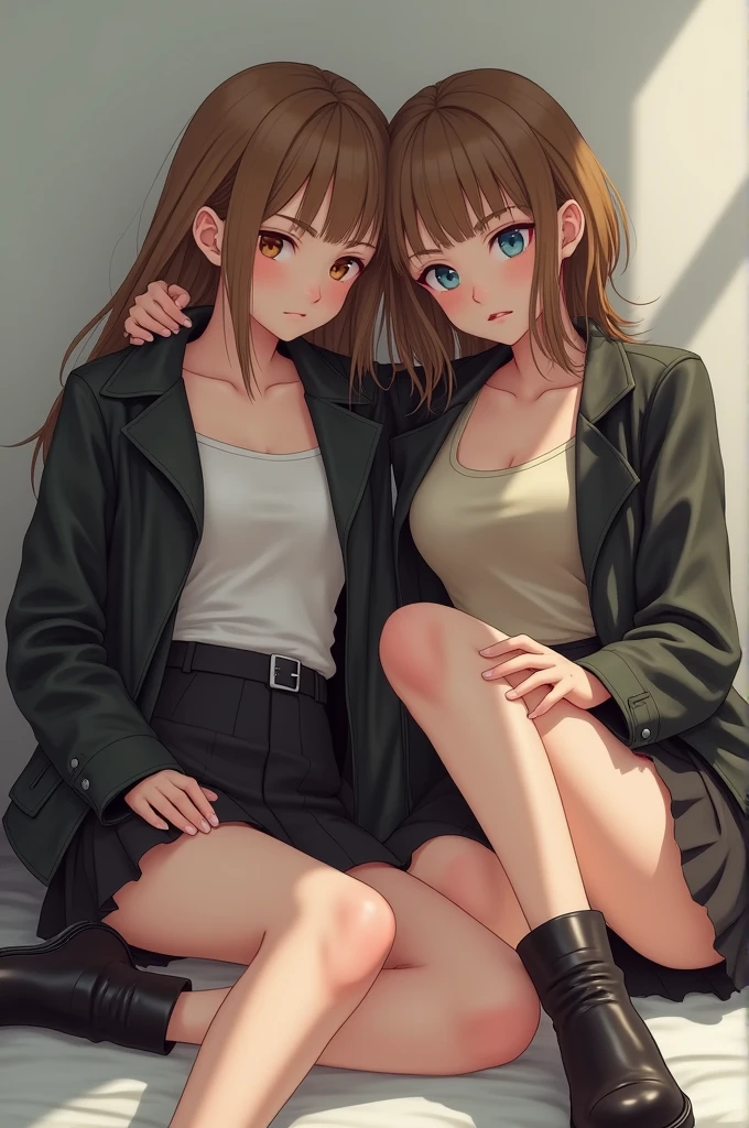 2 female with peanut-hazelnut hair and deep ocean blue eyes. Her skin is milky but a little tanned. She is on her side but her body remains straight facing the camera, she has one hand in her hair and she stares at the ground. She has a leather jacket where she didn't put her arms. Her skirt is black too. She has an off-white tank top. Ses jambes sont croisées et elle porte de bottines.