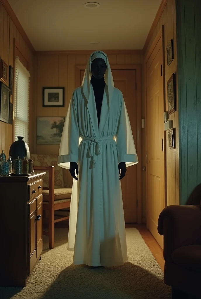 med wide shot of retro sci-fi humanoid in white robe standing in 1980s home at night, in the style of 1970s art house film, 35mm, iso 400