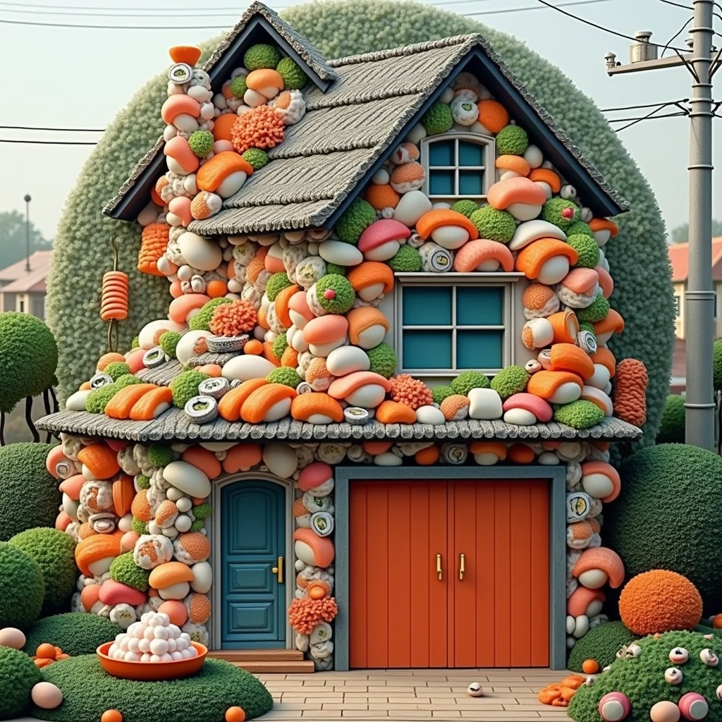 ((masterpiece, 8k, best quality, 8k, super realistic, high resolution:1.3)), realistic house, 2 storey house, 2 meter house, house made of sushi, sushi world, Sashimi in a frying pan, chimney coming out eggs, wasabi world, I cook a lot of rice, walls built of varieties of Japanese sushi, without person, no animals, doors closed, porta de sushi, no internal vision