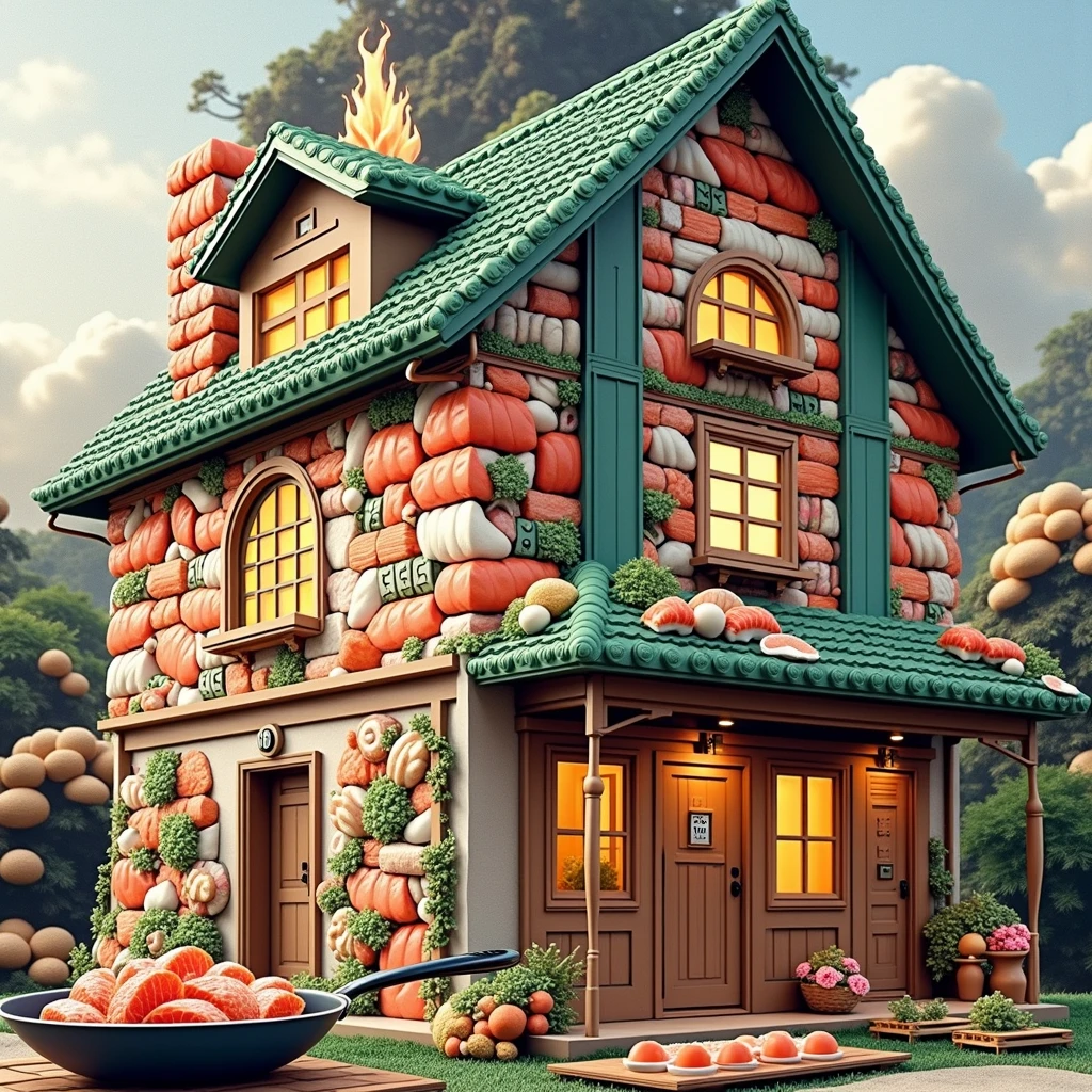 ((masterpiece, 8k, best quality, 8k, super realistic, high resolution:1.3)), realistic house, 2 storey house, 2 meter house, house made of sushi, sushi world, Sashimi in a frying pan, chimney coming out eggs, wasabi world, I cook a lot of rice, walls built of varieties of Japanese sushi, without person, no animals, doors closed, porta de sushi, no internal vision