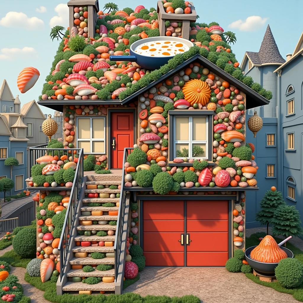 ((masterpiece, 8k, best quality, 8k, super realistic, high resolution:1.3)), realistic house, 2 storey house, 2 meter house, house made of sushi, sushi world, Sashimi in a frying pan, chimney coming out eggs, wasabi world, I cook a lot of rice, walls built of varieties of Japanese sushi, without person, no animals, doors closed, porta de sushi, no internal vision
