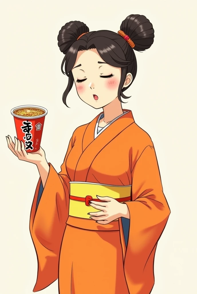 A simple drawing without many features of a closed-eyed Chinita with Two Pucca-type Tails and an Orange Kimono and Yellow Sashes with an Instant Noodle Soup in her left hand and her other hand open as if she were presenting gives realism, no details of shine, that is super simple