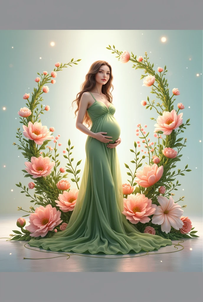 pregnant woman in green dress standing in front of a floral wreath, digital art inspired by Anne Geddes, pixabay contest winner, fantasy art, flower goddess, persephone in spring, lady with glowing flowers dress, woman in flowers, maternal photography 4 k, goddess of spring, draped in fleshy green and pink, floral art novuea dress, goddess of nature