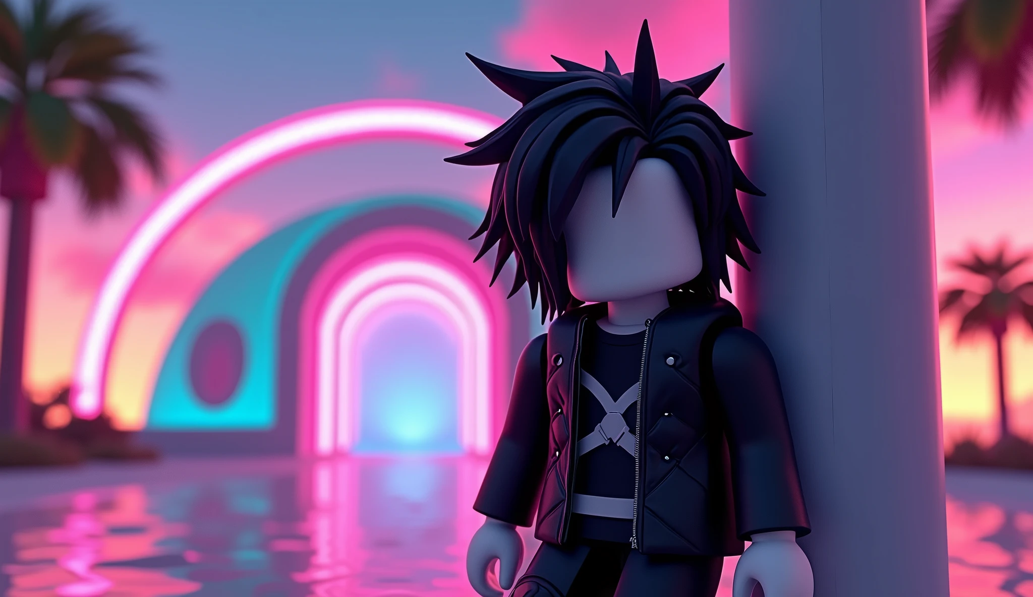tall square roblox doll, with long black spiky hair, emo clothes and no lips, white skin, no mouth leaning on a tumorrowland, cartoon, Vice City GTA, beach background