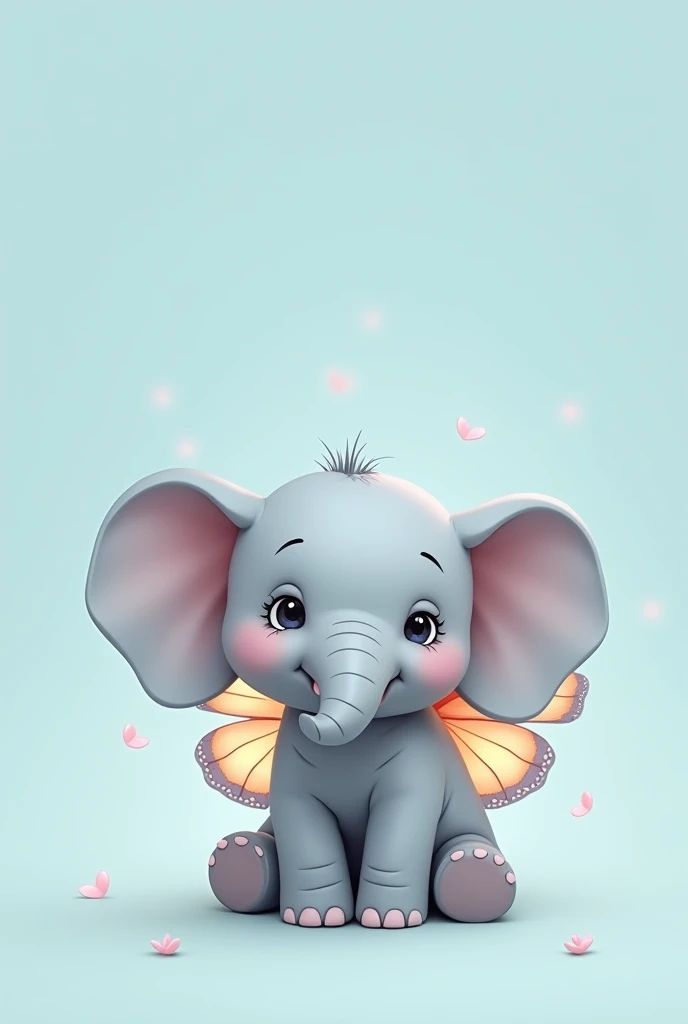 Create a simple 2D drawing of chibi grey elephant with cute butterly wings on its back with a blank blue backround