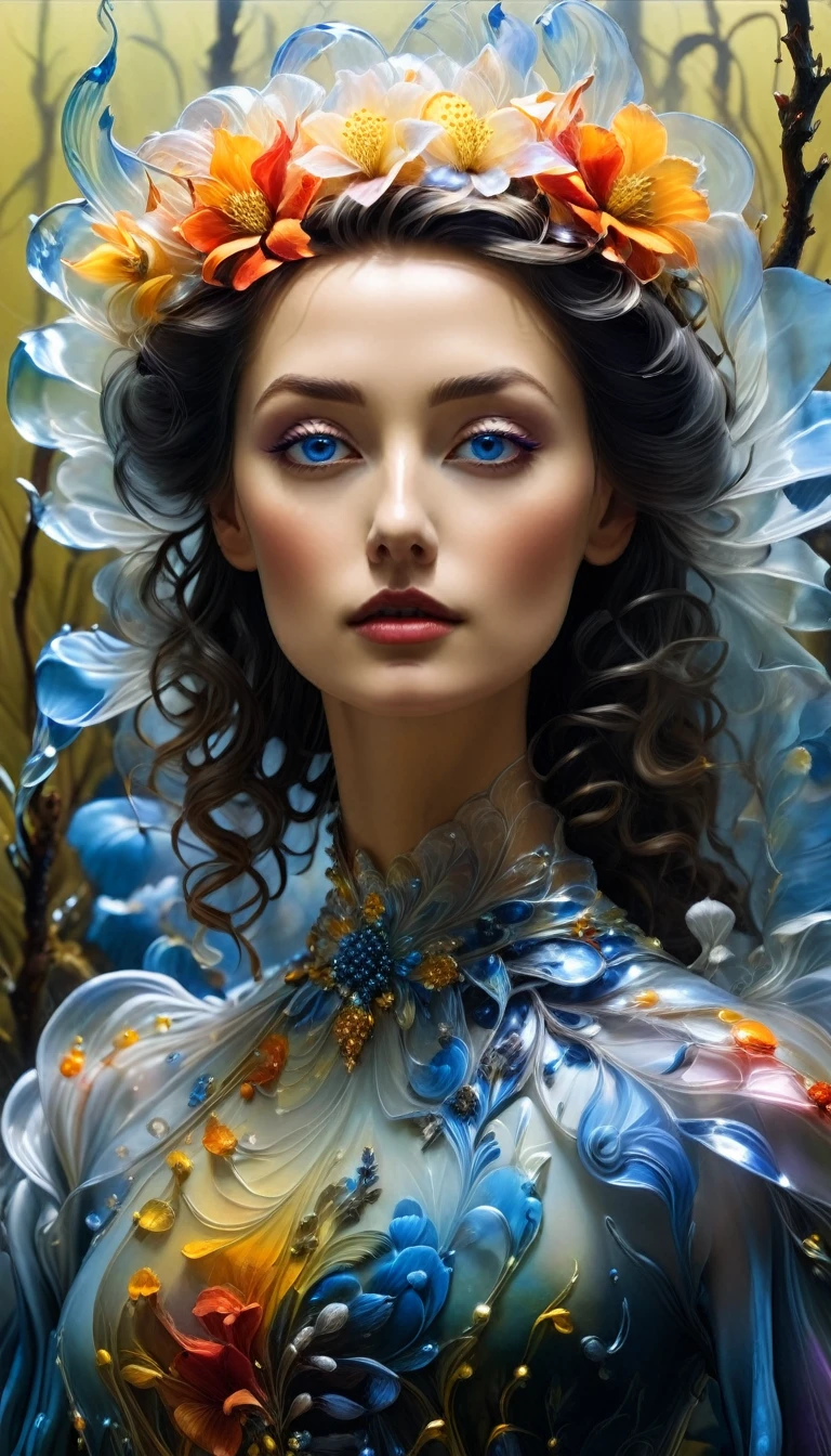 a women portrait, misty evening in the swamp, close up holographic gold and silver polish perfectly shaped flowers, yellow and pink and blue and orange, luminous translucent ghostly glass fantasy, gold and orange and red and black, Salvador Dali, holographic data, soft body, shadow play, light, mist, atmospheric, vivid, red, purple, blue, cinematic, film light, hyper detailed, hyper realistic, masterpiece, atmospheric, high resolution, vivid, high contrast, dark angle, art by Koos Roos, 8k, HDR, 500px, swamp background
