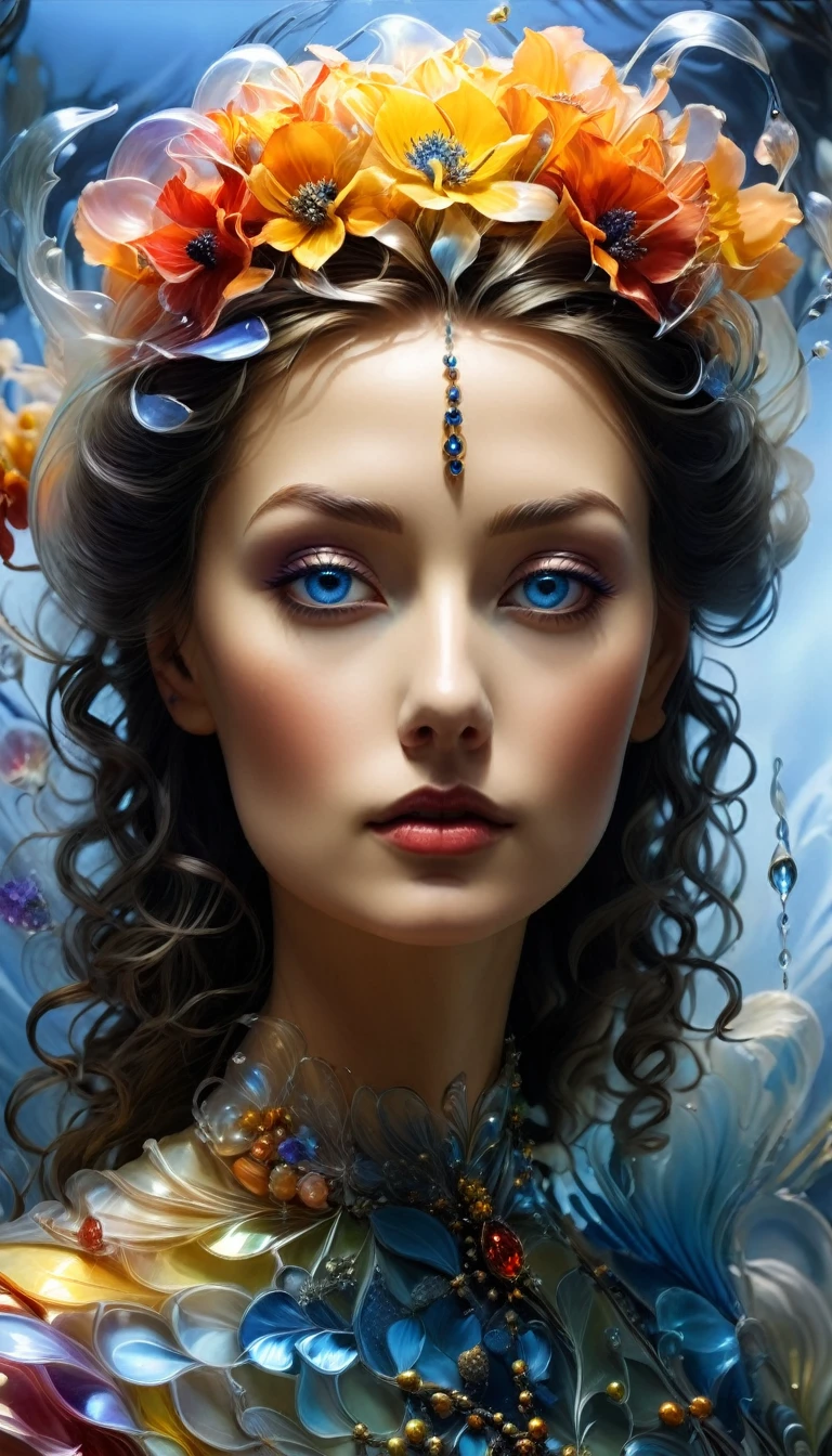 a women portrait, misty evening in the swamp, close up holographic gold and silver polish perfectly shaped flowers, yellow and pink and blue and orange, luminous translucent ghostly glass fantasy, gold and orange and red and black, Salvador Dali, holographic data, soft body, shadow play, light, mist, atmospheric, vivid, red, purple, blue, cinematic, film light, hyper detailed, hyper realistic, masterpiece, atmospheric, high resolution, vivid, high contrast, dark angle, art by Koos Roos, 8k, HDR, 500px, swamp background

