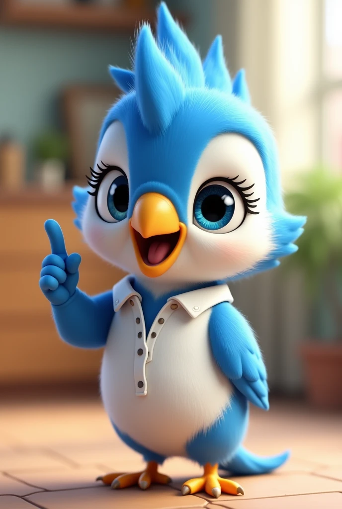 Vstorized Blue cockatiel, female, with eyelashes in her eyes, dark blue, light blue and white feathers, cub, happy, wearing white polo shirt, thumb raised, pixar style 8k