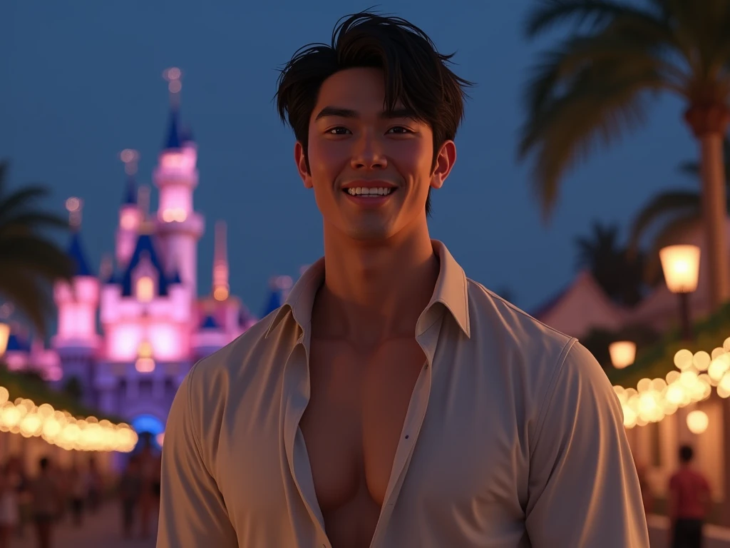 Japanese,25-30 years old, Handsome and elegant, wearing sexy shirt , Masculine and handsome，muscular，Muscles look good， fair skin, black eyes（thin eyes 1：3), Full body image,(Super detailed, Realistic, best quality, 4K, 8k, High resolution, masterpiece:1.3),  Unbutton your shirt,  The background is Disneyland,night,he is very happy