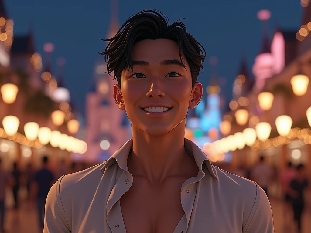 Japanese,25-30 years old, Handsome and elegant, wearing sexy shirt , Masculine and handsome,muscular,Muscles look good, fair skin, black eyes(thin eyes 1:3), Full body image,(Super detailed, Realistic, best quality, 4K, 8k, High resolution, masterpiece:1.3), Unbutton your shirt, The background is Disneyland,night,he is very happy