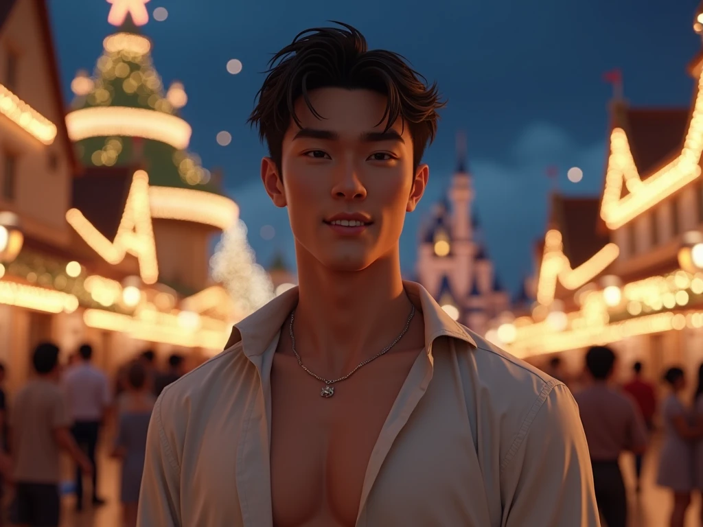 Japanese,25-30 years old, Handsome and elegant, wearing sexy shirt , Masculine and handsome，muscular，Muscles look good， fair skin, black eyes（thin eyes 1：3), Full body image,(Super detailed, Realistic, best quality, 4K, 8k, High resolution, masterpiece:1.3),  Unbutton your shirt,  The background is Disneyland,night,he is very happy