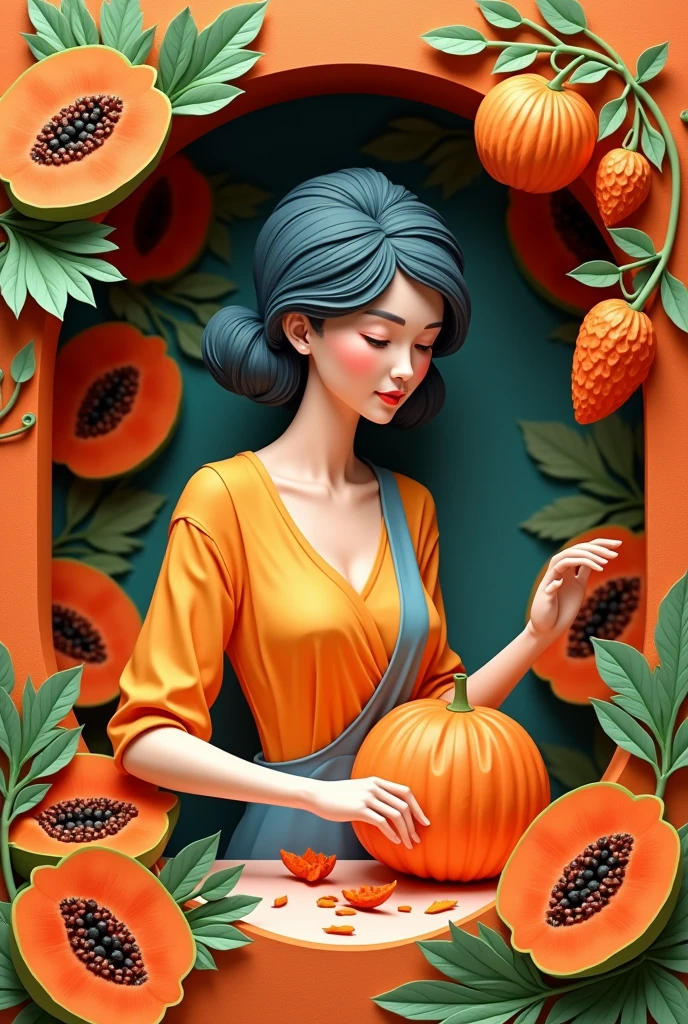 A woman cutting papaya ,  masterpiece, all in three dimensional paper art、(Almond Shapes);1.9、(Three-dimensional paper-cut art.、colorful):1.9

