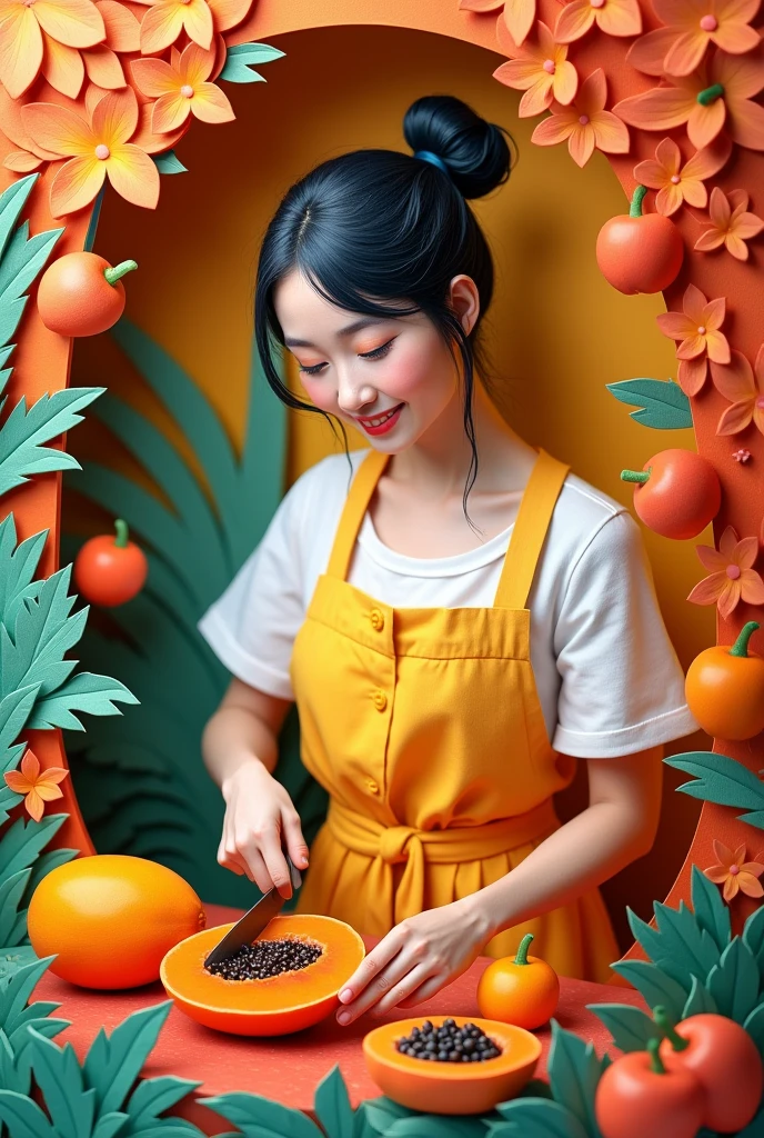 A woman cutting papaya , masterpiece, all in three dimensional paper art、(Almond Shapes);1.9、(Three-dimensional paper-cut art.、colorful):1.9