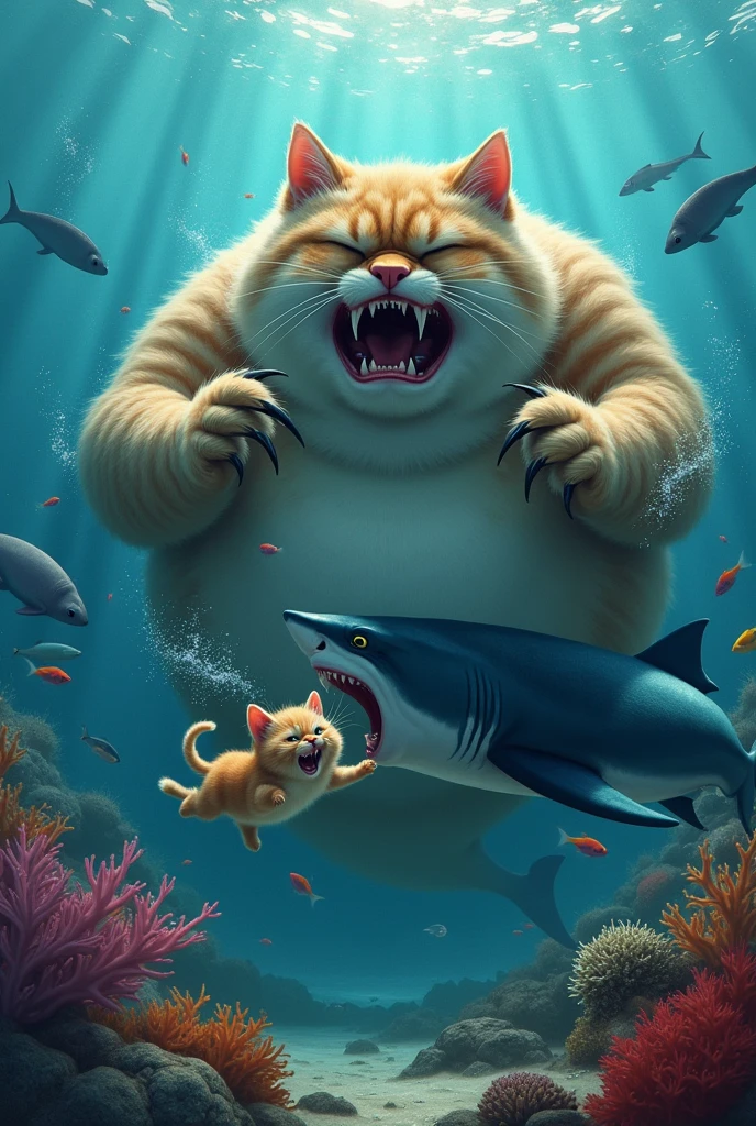 A huge chubby fat cat fighting with a shark  in the sea to save his kitten