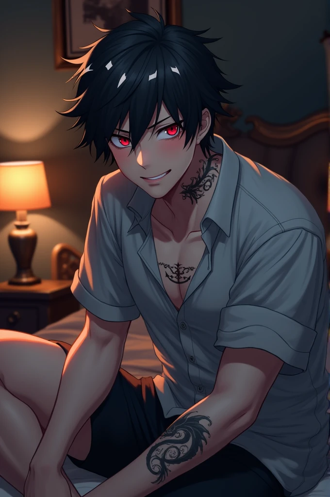 screenshot boku no hero attractive and handsome adult boy with masculine features short black hair with white streaks red eyes has a small smile showing his fangs has red cheeks has a tattoo on his neck of a dragon, He is wearing a casual gray shirt and black shorts and is sitting on a bed in an elegant room at night. My Hero Academy digital art  