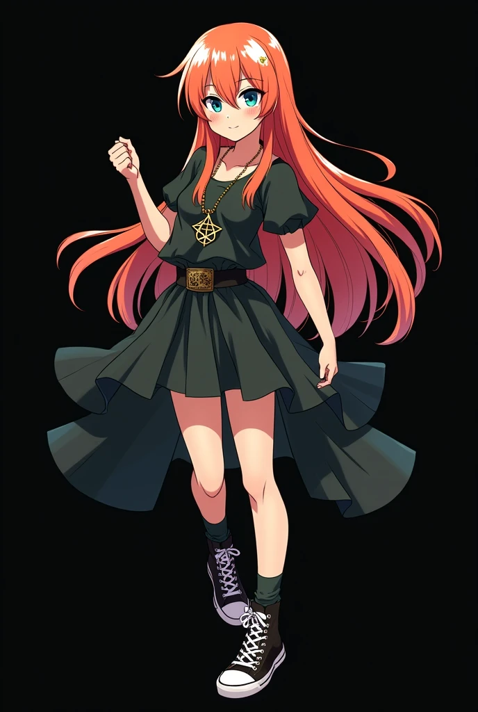 A full body image of an  , personagem do anime "JUJUTSU KAİSEN", she is very beautiful, with long, straight, fire-colored hair with two white streaks highlighted in the front, framing your face. She has blue-green eyes and pale skin.. she is a Wiccan, she is in fighting pose. she wears a pentagram necklace, tight skirt, beautiful women&#39;s high-top shoes and ¾-long socks. It is drawn with animation by Gege Akutami.. black backdrop.