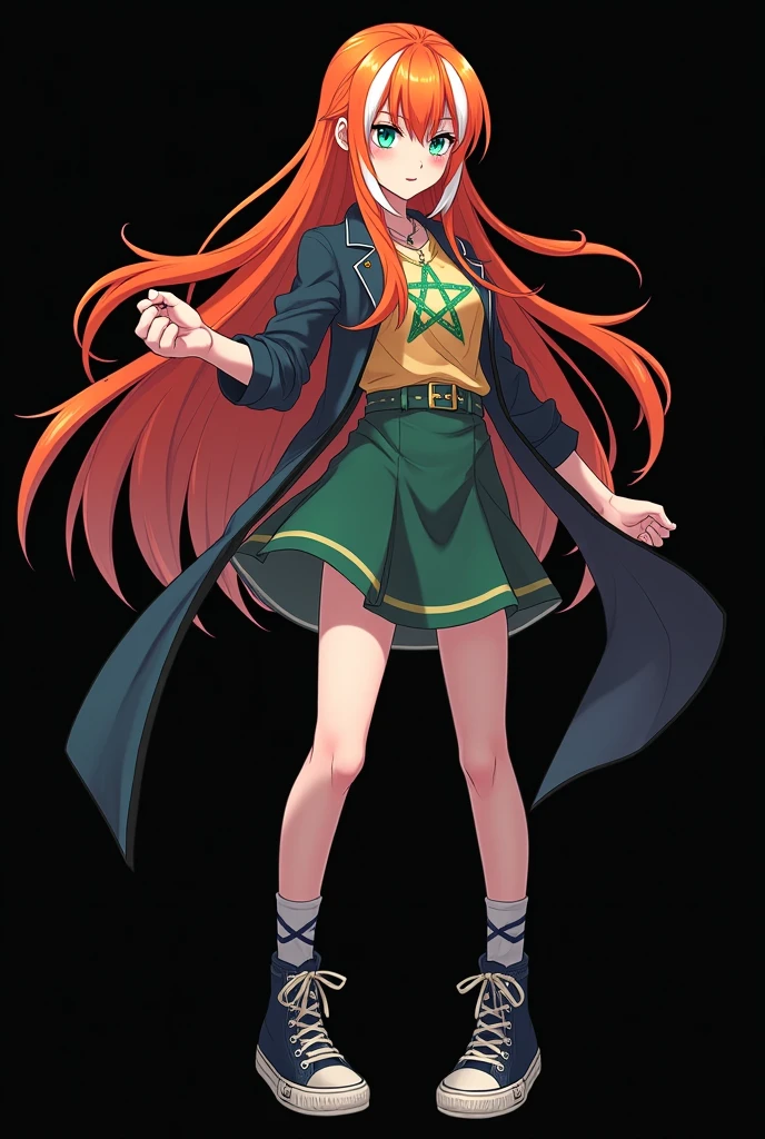 A full body image of an child, personagem do anime "JUJUTSU KAİSEN", she is very beautiful, with long, straight, fire-colored hair with two white streaks highlighted in the front, framing your face. She has blue-green eyes and pale skin.. she is a Wiccan, she is in fighting pose. she wears a pentagram necklace, tight skirt, beautiful women's high-top shoes and ¾-long socks. It is drawn with animation by Gege Akutami.. black backdrop.