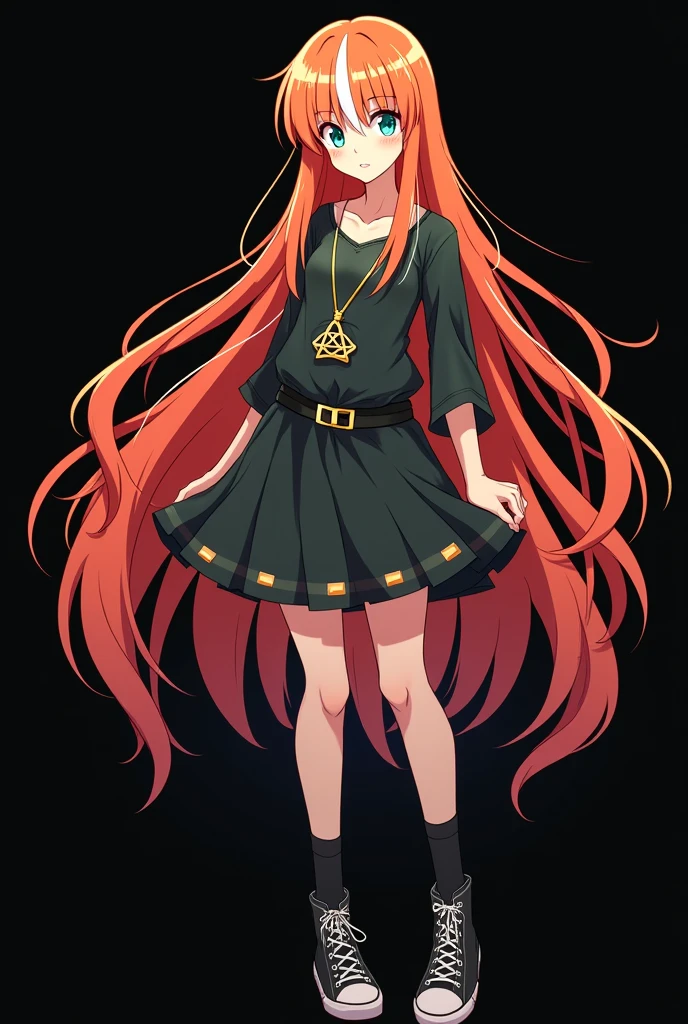 A full body image of an  , personagem do anime "JUJUTSU KAİSEN", she is very beautiful, with long, straight, fire-colored hair with two white streaks highlighted in the front, framing your face. She has blue-green eyes and pale skin.. she is a Wiccan, she is in fighting pose. she wears a pentagram necklace, tight skirt, beautiful women&#39;s high-top shoes and ¾-long socks. It is drawn with animation by Gege Akutami.. black backdrop.